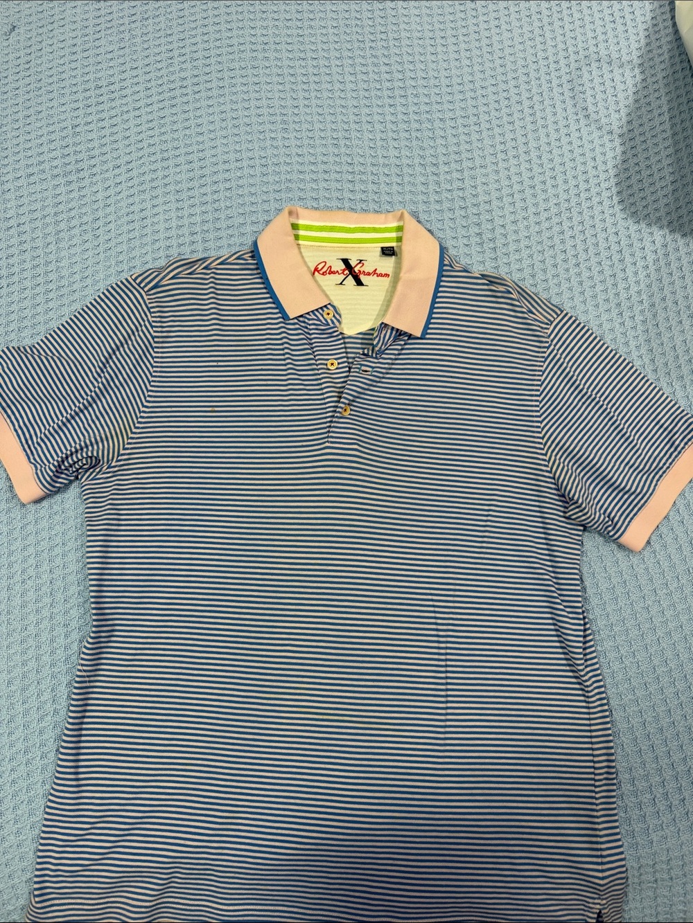 Robert Graham Blue & White Striped Polo with Pink Trim